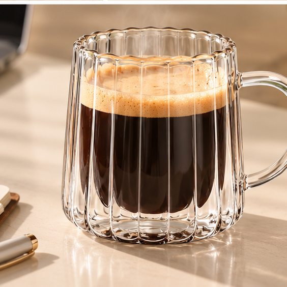 DAILYMERO® Ribbed Glass Coffee Mug A Better-Looking Cup for Everyday Coffee.