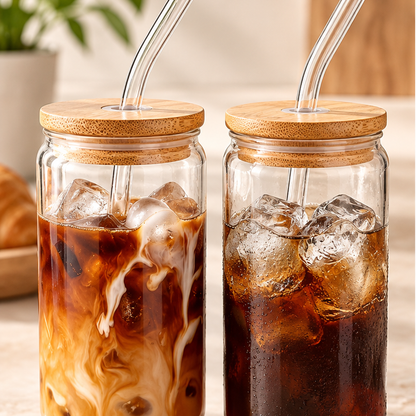 DAILYMERO® Glass Iced Coffee Cup with Bamboo Lid & Straw