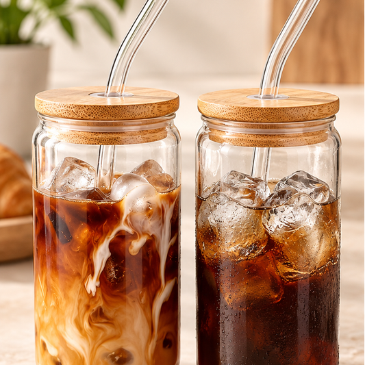 DAILYMERO® Glass Iced Coffee Cup with Bamboo Lid & Straw