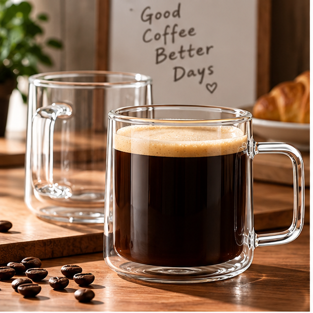 DAILYMERO® Clear Coffee Mug – Straight Sides and a Squared Handle