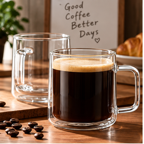 DAILYMERO® Clear Coffee Mug – Straight Sides and a Squared Handle