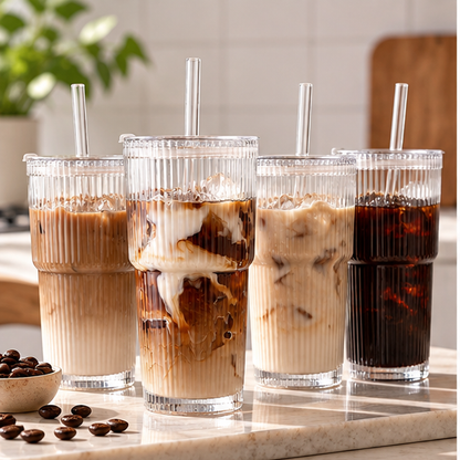 DAILYMERO® Ribbed Glass Tumbler with Lid & Straw – Clear Iced Coffee Cup for Cold Drinks