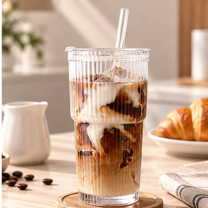 DAILYMERO® Ribbed Glass Tumbler with Lid & Straw – Clear Iced Coffee Cup for Cold Drinks