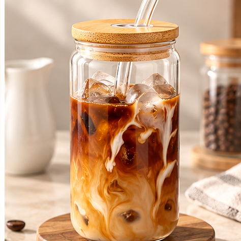 DAILYMERO® Glass Iced Coffee Cup with Bamboo Lid & Straw