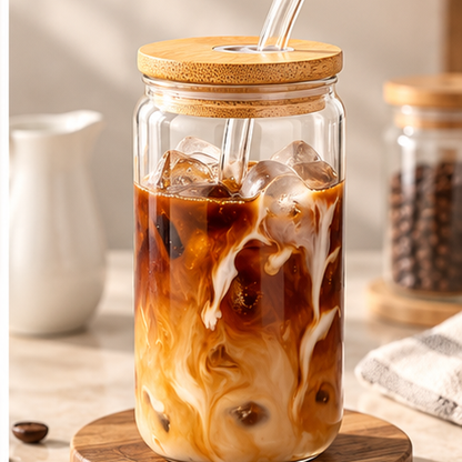 DAILYMERO® Glass Iced Coffee Cup with Bamboo Lid & Straw