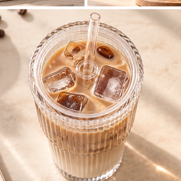 DAILYMERO® Ribbed Glass Tumbler with Lid & Straw – Clear Iced Coffee Cup for Cold Drinks