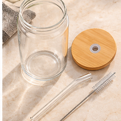 DAILYMERO® Glass Iced Coffee Cup with Bamboo Lid & Straw